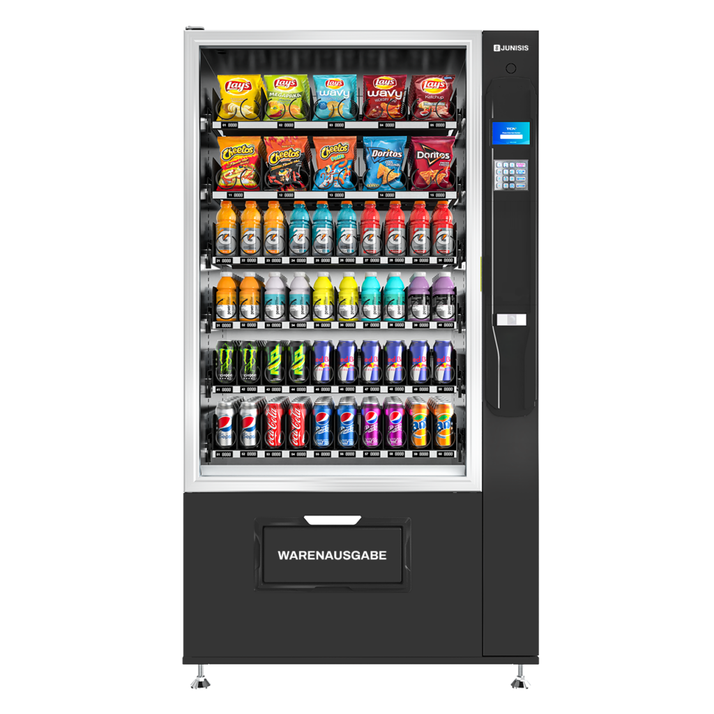 Automat mit Junisis-Branding und Beschriftung „Snacks & Getränke“
